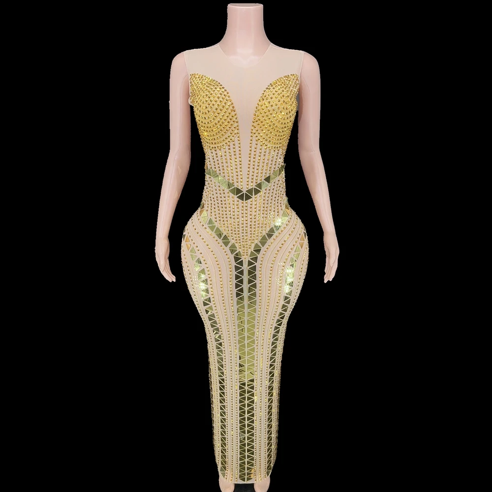 Sexy Mesh See Through Sleeveless Celebrate Prom Birthday Dress Sparkly Gold Silver Rhinestones Long Dress for Women Stage Wear
Sexy Mesh See Through Sleeveless Celebrate Prom Birthday Dress Sparkly Gold Silver Rhinestones Long Dress for Women Stage Wear