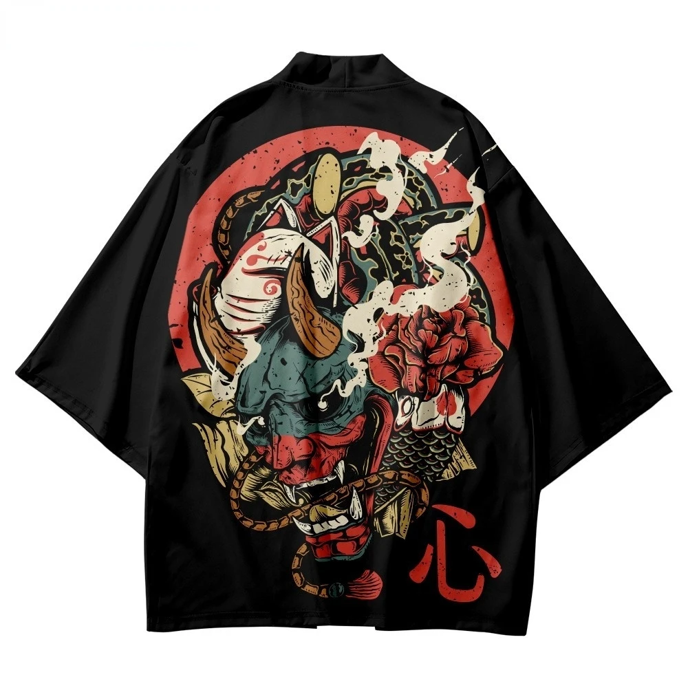 

Men Women Yukata Cardigan Black Cosplay Haori Japanese Anime Demon Print Traditional Kimono Samurai Asian Streetwear Clothing