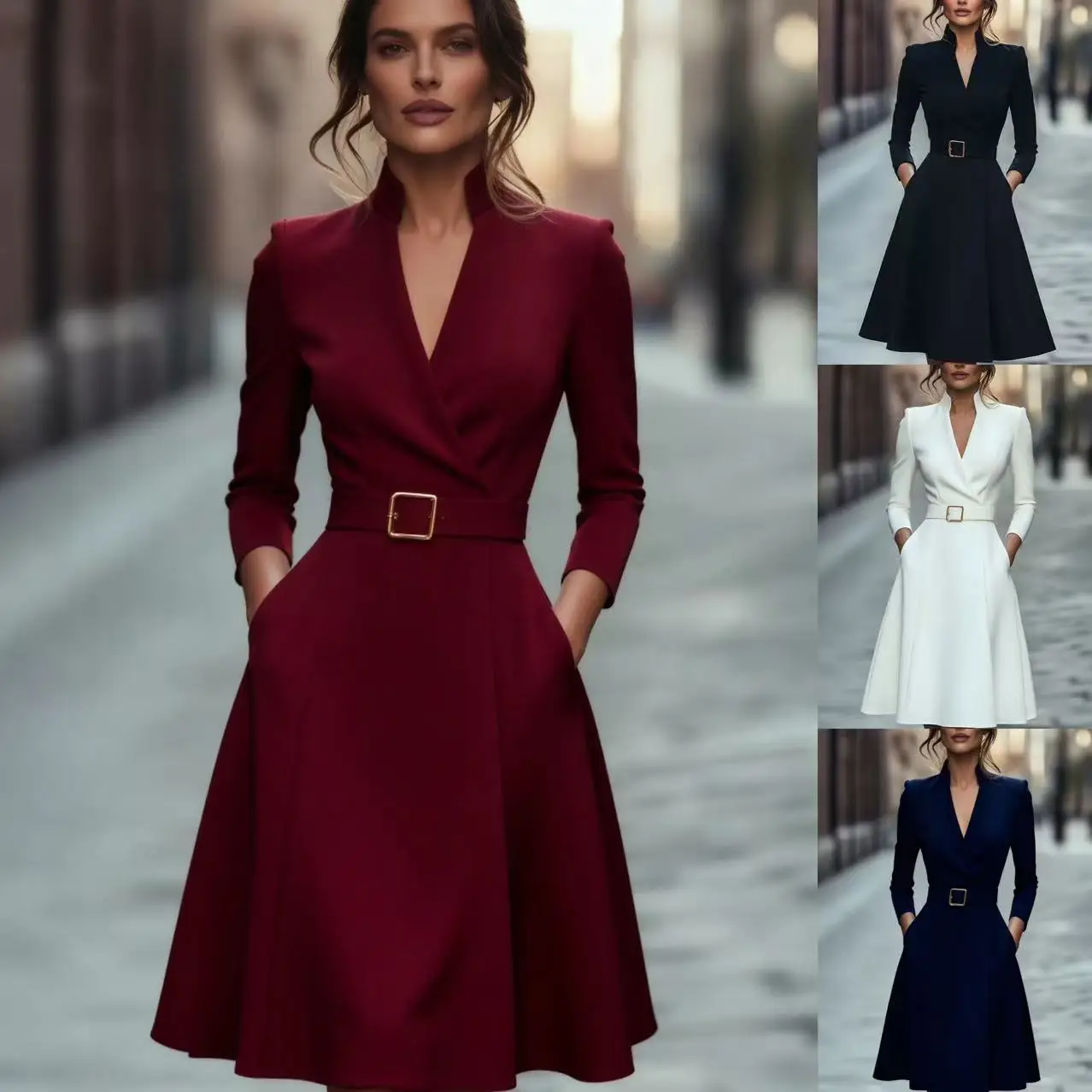 Women A-line V-neck dress with belted waist in autumn and winter style