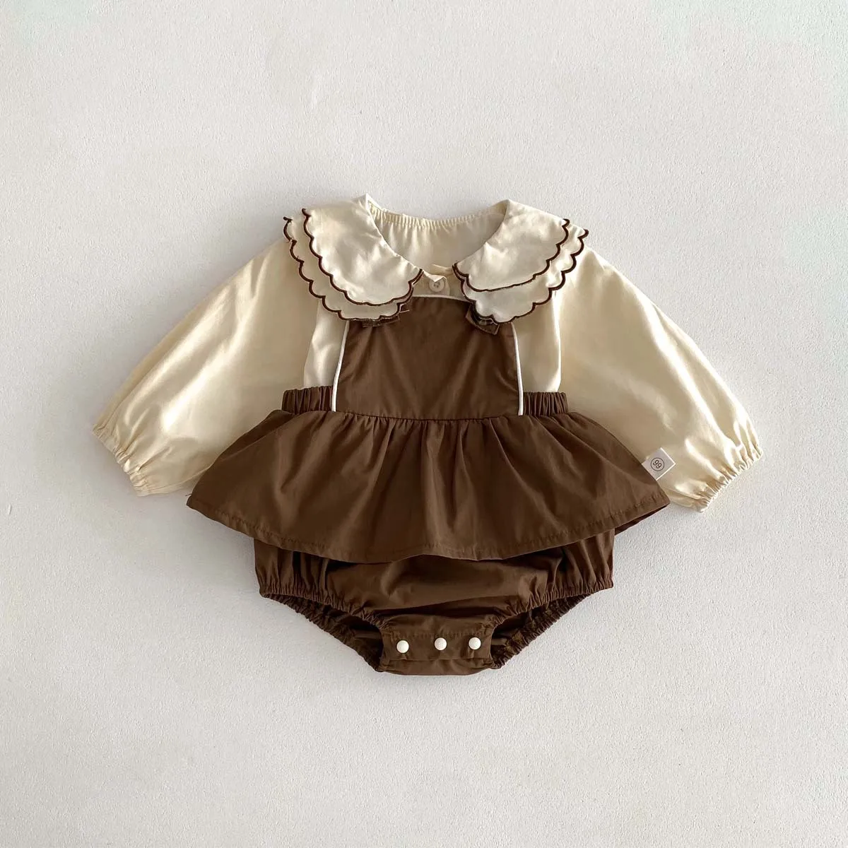 

2024 Spring Fashion Children Suspenders Bodysuit Set Girl Baby Lapel Shirt + Solid Onesie Dress 2 Pcs Infant Cotton Blouses Suit