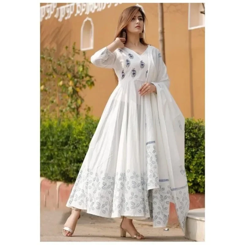 

Anarkali Kurti Dupatta Set Indian Handmade Women White Dress