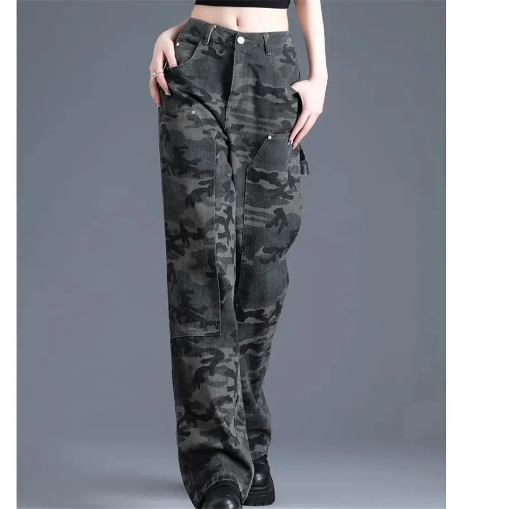 

2024 Autumn Winter New Women'S Fashion Army Green Camo Work Jeans Loose Straight Leg Wide Leg Comfortable And Versatile Pants