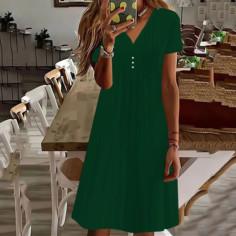 Temperament Elegant Solid Color V-neck Button Women Dress Fashion Casual Higt Waist Short Sleeve Party A-line Dress Lady Vestido
Temperament Elegant Solid Color V-neck Button Women Dress Fashion Casual Higt Waist Short Sleeve Party A-line Dress Lady Vestido