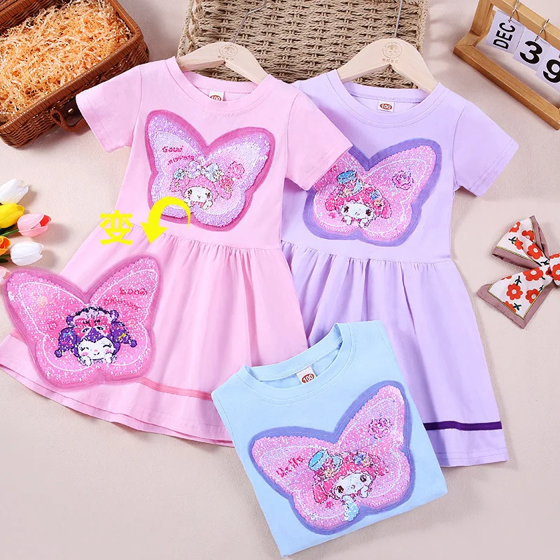 

Children Girls Sanrio Kuromi My Melody Dress 2024 Summer Cartoon Color Changing Sequins Princess Party Costume Kids Clothes 3-7Y
