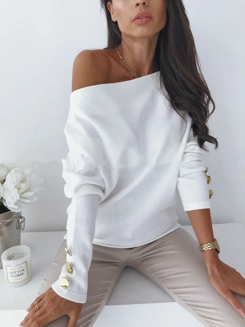 Women's New Sexy Fashion Holiday Style Leisure Commuting Street Style Cuff Button One Line Neck Solid Color Knitted Shirt
Women's New Sexy Fashion Holiday Style Leisure Commuting Street Style Cuff Button One Line Neck Solid Color Knitted Shirt