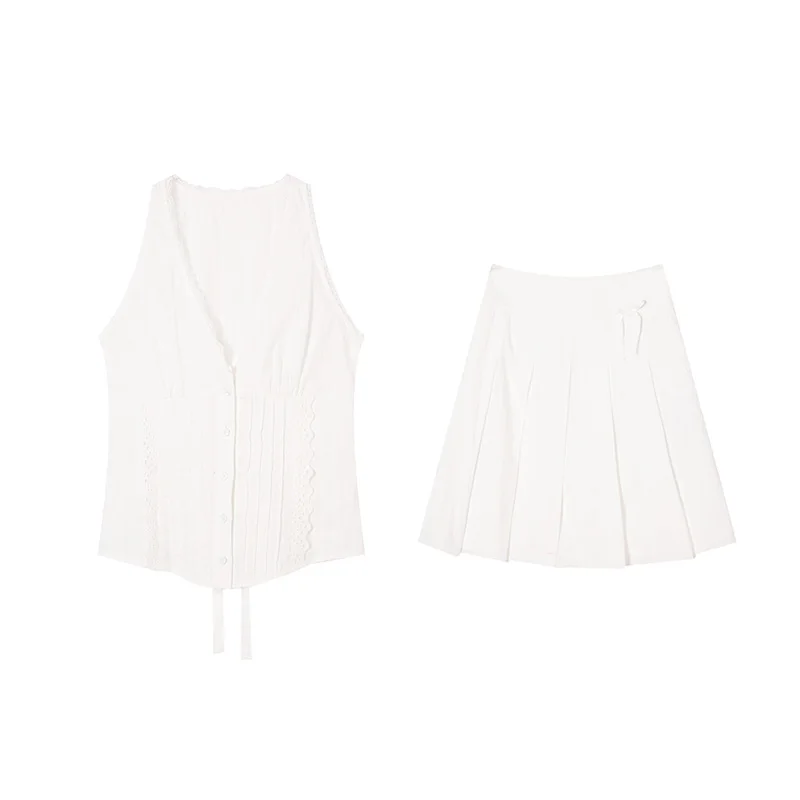 Women's Summer V-neck Sleeless Lace Edged Button Vest Tops + High Waist Slim Short Pleated Skirt Two-piece Set Female Clothing
Women's Summer V-neck Sleeless Lace Edged Button Vest Tops + High Waist Slim Short Pleated Skirt Two-piece Set Female Clothing