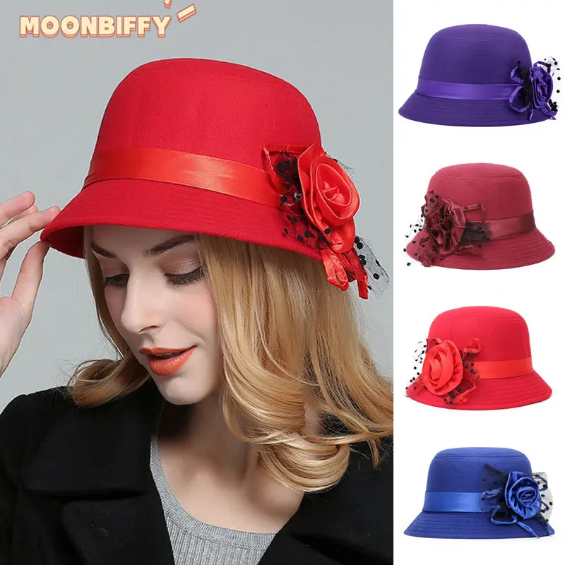 

Женская фетровая шляпа с широкими полями, черная винтажная шляпа-котелок из искусственной шерсти, с кружевом и цветами, для осени и зимы