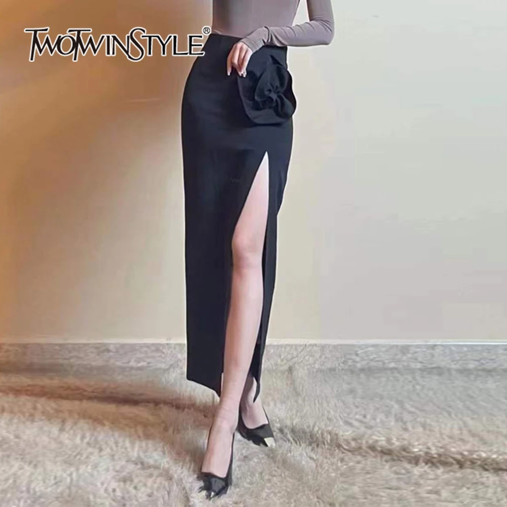 

TWOTWINSTYLE Solid Temperament Patchwork Appliques Skirt For Women High Waist Bodycon Split Spliced Zipper Sexy Skirts Female