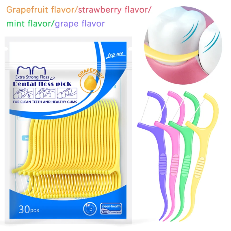 

30Pcs/Bag Colorful Fruit Flavor Bagged Dental Floss Pick Teeth Cleaner High Tensile Force Teeth Stick Oral Hygiene Care Tool