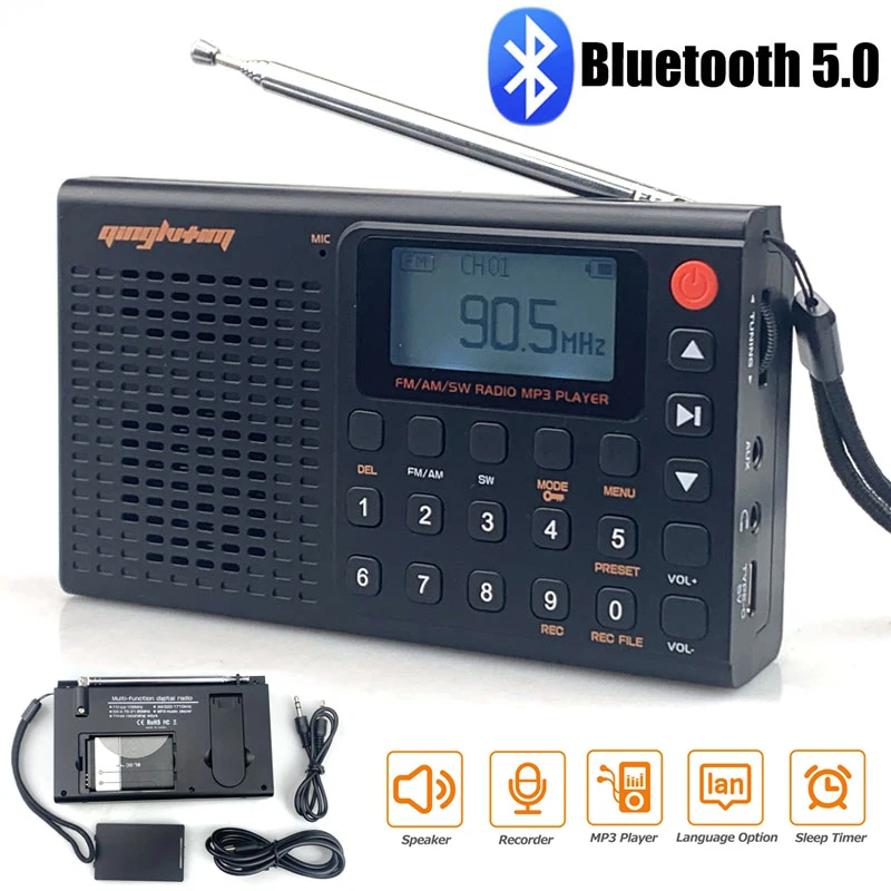 

Portable Radio FM/AM/SW Radio Receiver Bluetooth Speaker MP3 Music Player with LED Display/MIC Support TF Card/Headsets/AUX Play