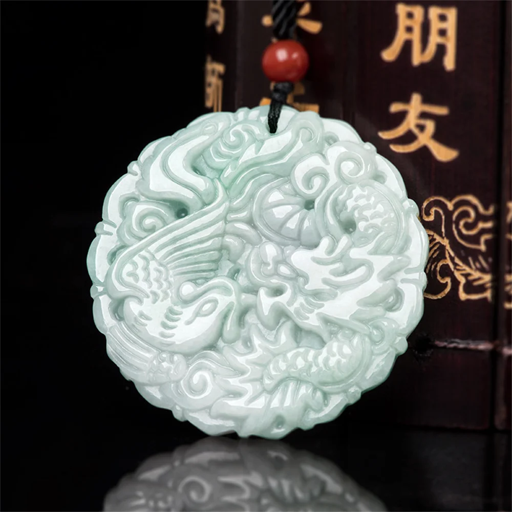 

Retro Natural Green Jadeite Carved Classic Dragon Phoenix Lucky Pendant Amulet Necklace Certificate Luxury Jade Vintage Jewelry