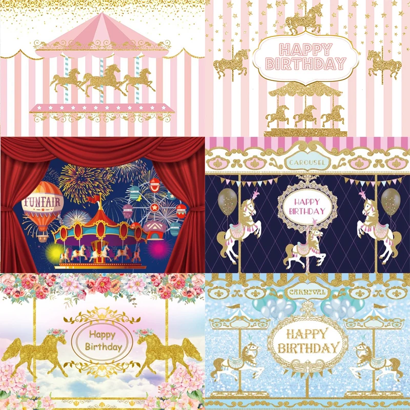 

Carousel Backdrop Baby Shower Boy Girls Happy Birthday Party 1st Amusement Park Photography Background Photographic Photo Banner