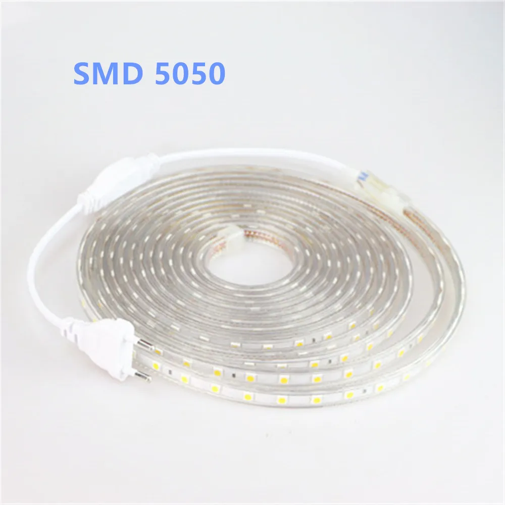 

SMD 5050 AC220V LED Strip Flexible Light 60leds/m Waterproof Tape With Power Plug 1M/2M/3M/5M/6M/8M/9M/10M/15M/20M