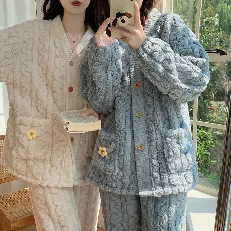 

Cute Sleepwear Thick Velvet Set Pajamas Suit Sweet Winter Ladies Fleece Women Homewear Pajama Pijama Flannel Female Pyjama Warm