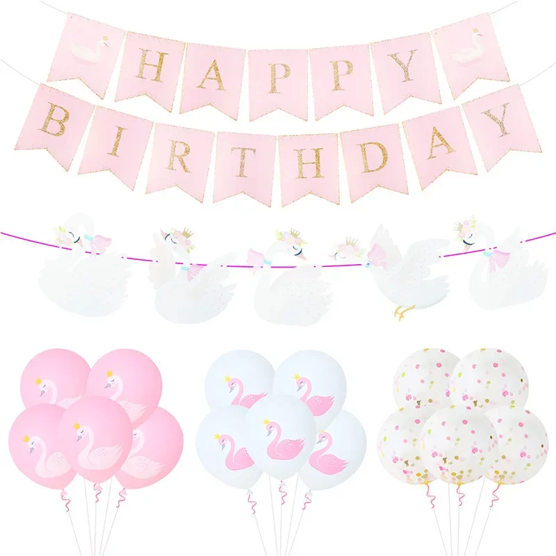 

Pink White Happy Girls Birthday Party Decorations Baby Shower Happy Birthday Swan Banner Latex Balloons Gender Reveal Supplies