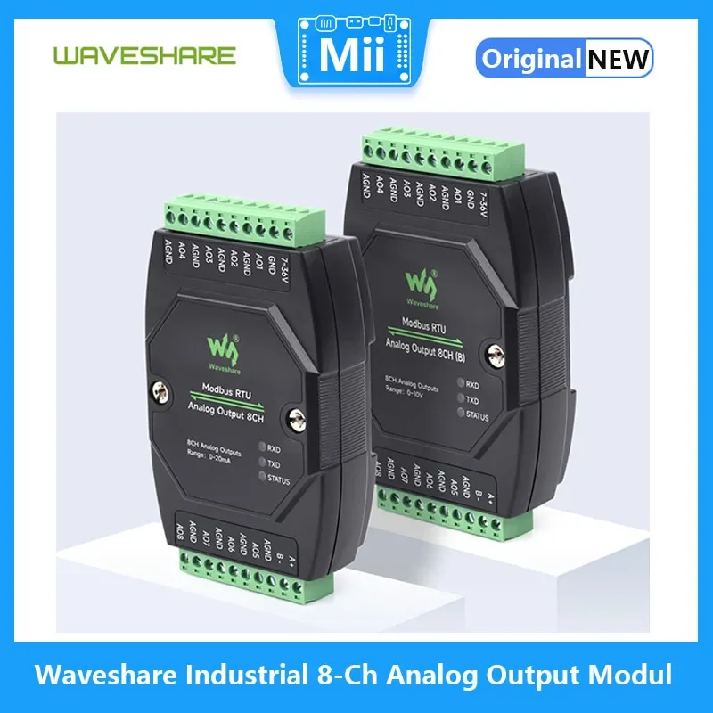 

Waveshare Industrial 8-Ch Analog Output Module, 12-bit DA Conversion, Supports 8-ch Simultaneous Voltage Or Current Output 7~36V