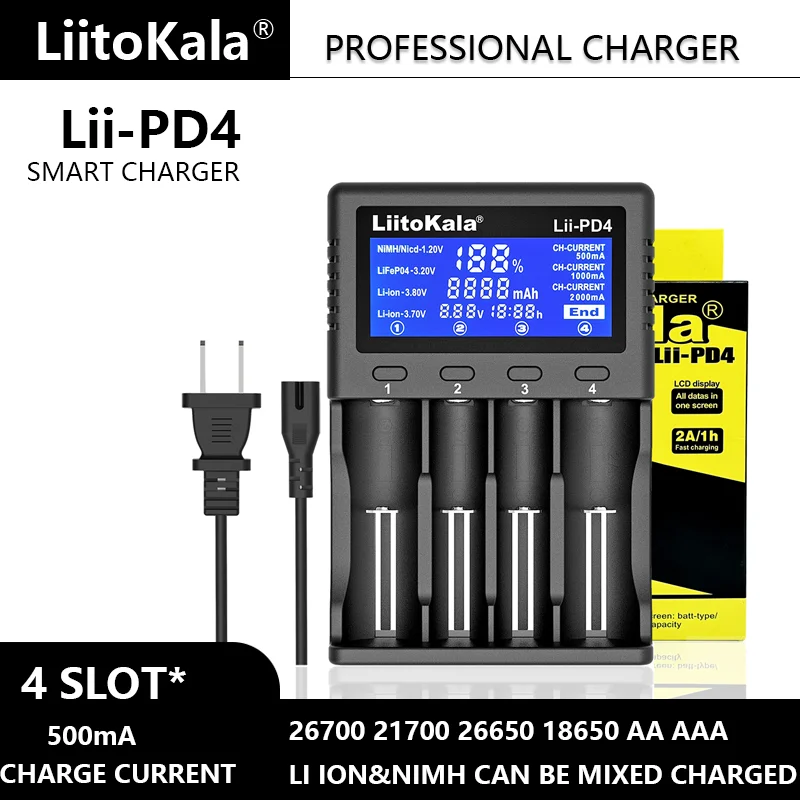Liitokala Lii-PD4 LCD 3.7V/1.2V/3.2V/3.8V NiMH 18650 16340 18350 18500 21700 20700 26650 Recharge Lithium Battery Charger
Liitokala Lii-PD4 LCD 3.7V/1.2V/3.2V/3.8V NiMH 18650 16340 18350 18500 21700 20700 26650 Recharge Lithium Battery Charger
