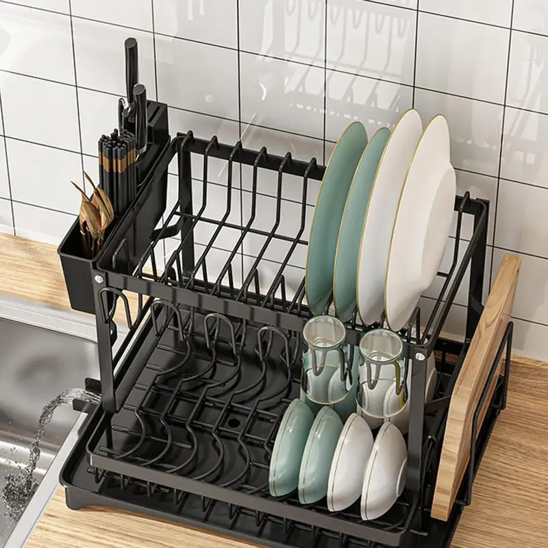 

New Double-layer Kitchen Dish Rack Draining Storage Holder With Chopstick Cage Rust-Proof Carbon Steel Set Space Saving Stand