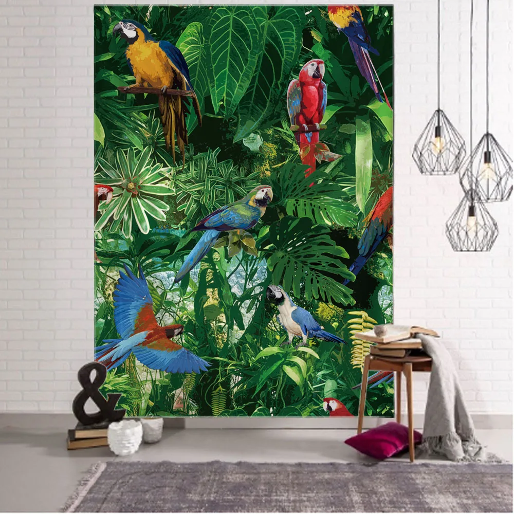 

Plant flower and bird tapestry tropical rainforest animal wall hanging bohemian hippie bedroom wall decoration background cloth
