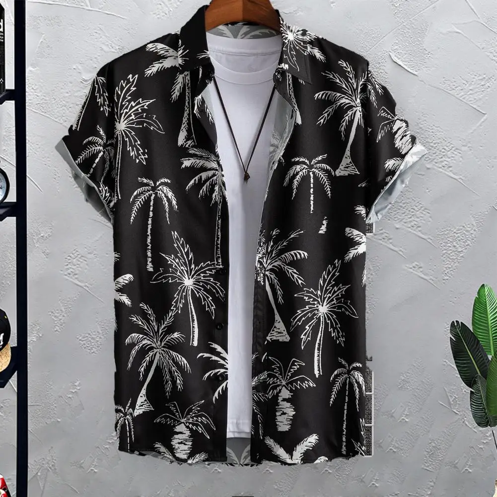 

Men Beach Shirt Tropical Vacation Style Men's Shirt with Coconut Tree Print Single-breasted Lapel Cardigan Short for Summer