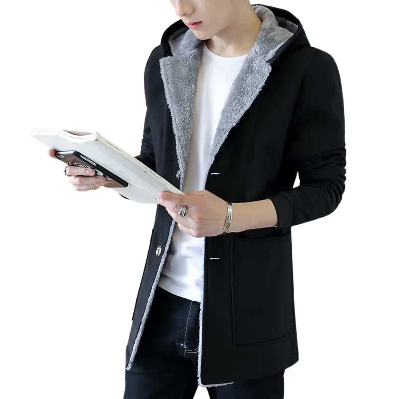 

Men 's Fashion Warm Hoodie Jacket 2023 Winter MenTrench Coat Plus Velvet Thickening Slim Fit Wool Overcoat Trench Coat