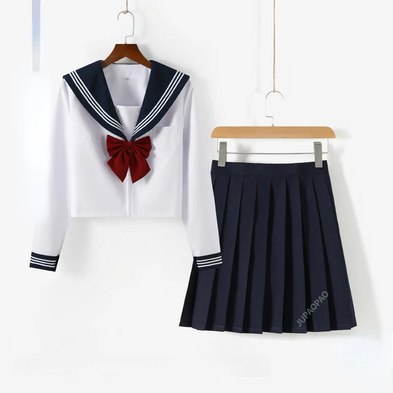 

Школьная форма в японском стиле для девочек-студенток, одежда темно-синего цвета для девочек, Женский пикантный белый костюм JK, рубашка с матросским цветочным принтом, плиссированная юбка