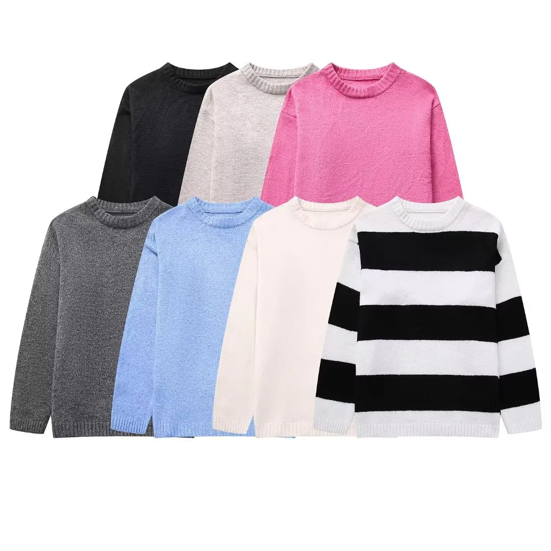 

Women 2023 New Fashion Rib cuffs Loose warm Casual striped Knitted Sweater Vintage Long Sleeve Female Pullovers Chic Tops