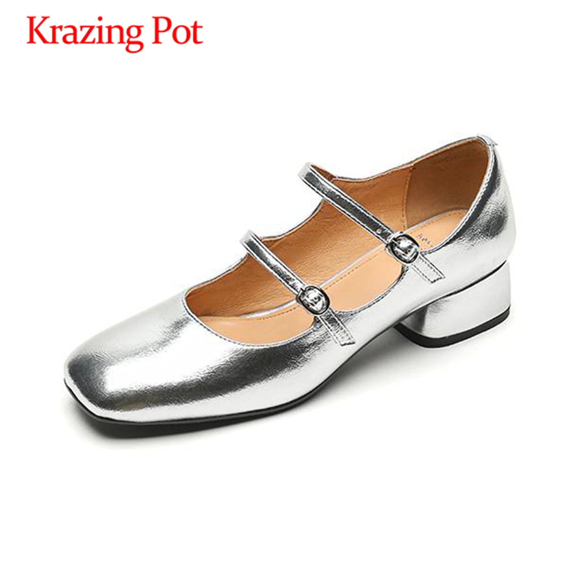 

Krazing Pot Cow Leather Buckle Straps Chunky Heels Summer Office Lady Fashion Square Toe Mary Janes Daily Wear Solid Women Pumps