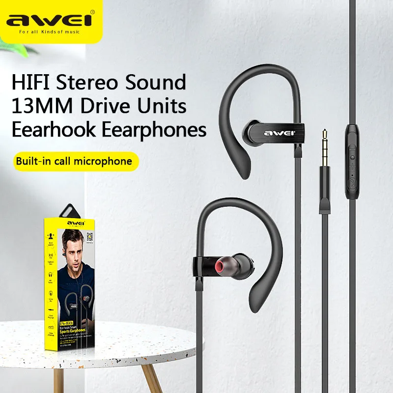 

Awei ES-180i 3.5mm In-Ear Wired Headphones With Mic Control Gaming Earbuds Sports Headset Earhook Wired Earphones For Cellphone