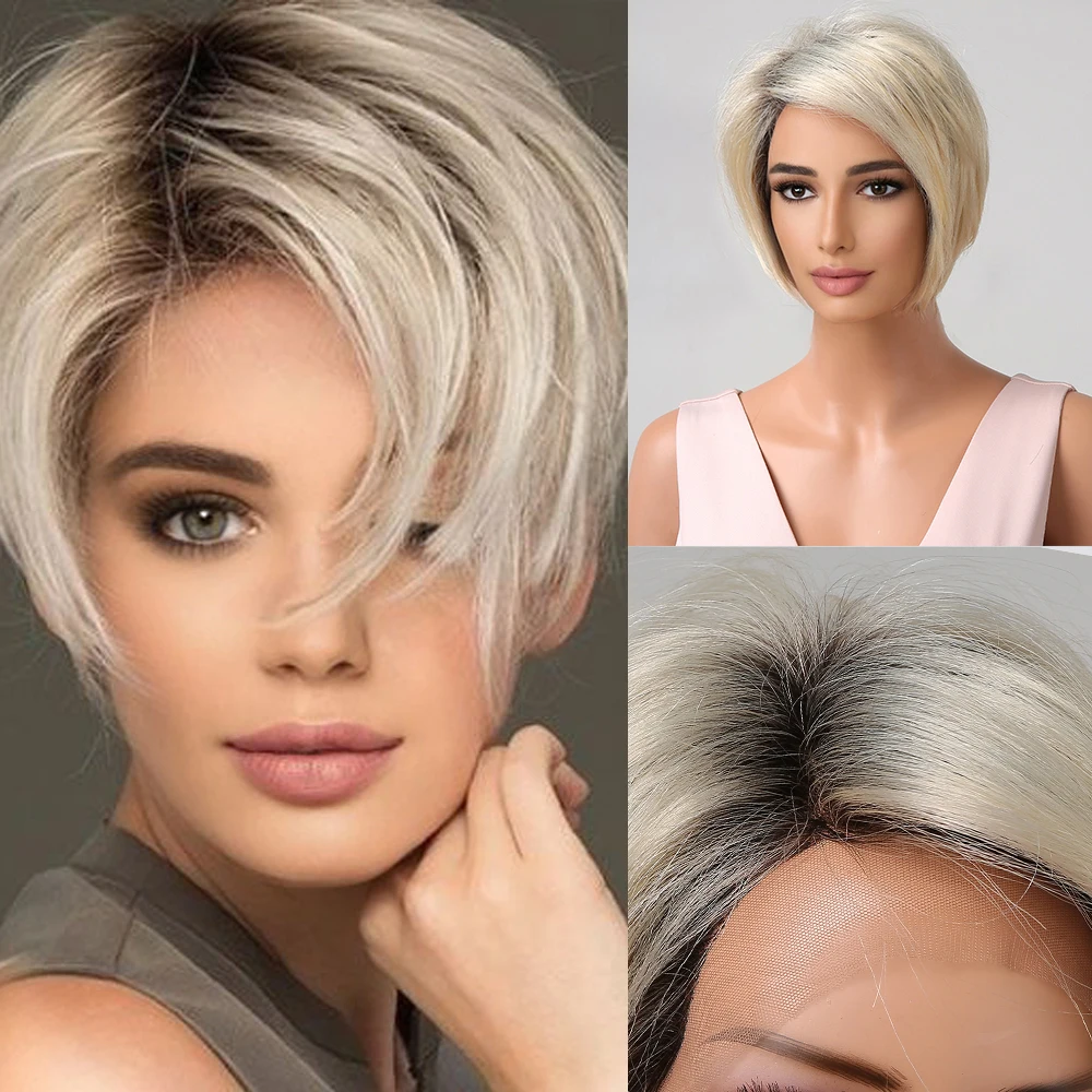 

HAIRCUBE Platinum Blonde Short Pixie Cut Lace Front Human Hair Wig Side Part Natural Ombre Straight Remy Hair Wigs for Women