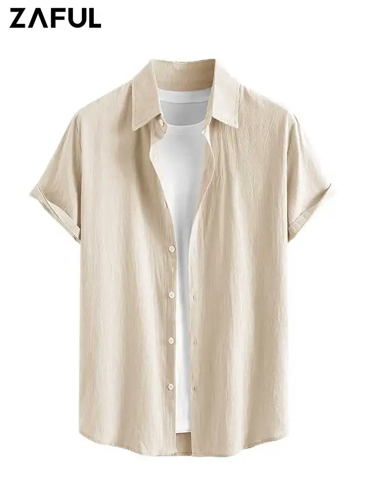 

ZAFUL Shirts for Men Cotton And Linen Textured Short Sleeves Shirt Asymmetric Hem Streetwear Summer Solid Blouse Tops Z5085203