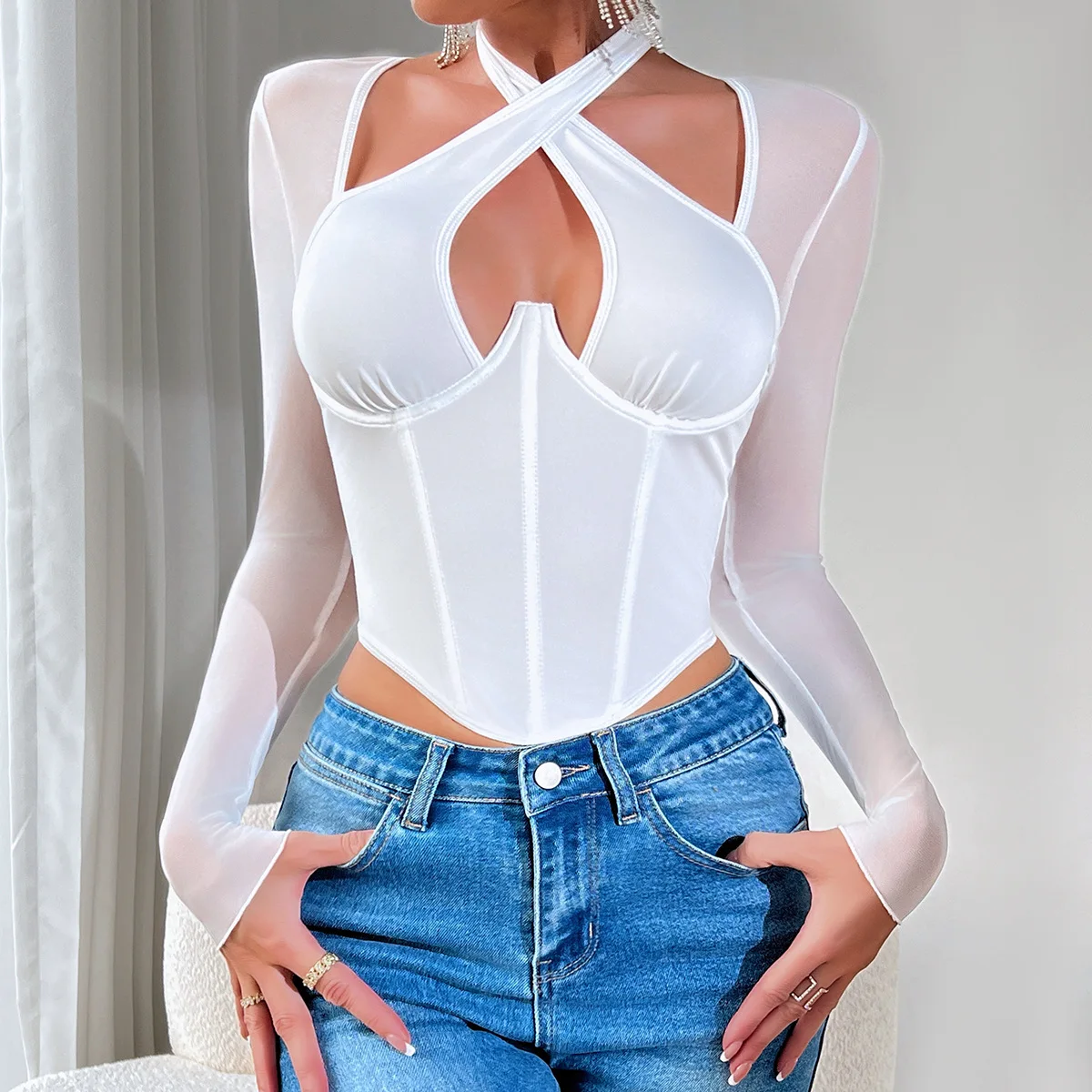 

Women's Hollow Out Sexy Bustier Corset Tops Summer Party Club Outfits Cross-halter Neck Long Sleeve Tank Top Slim Elegant Blouse