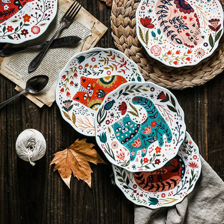 

Creative Hand-Painted Ceramic Dinner Plates, Household Tableware, Cartoon Dessert Tray, Fruit Snack Plate, Western Plates, 8"
