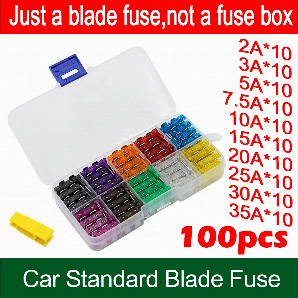 

100Pcs Auto Truck Standard Blade Fuse Assortment 2.5/3/5/7.5/10/15/20/25/30/35A Car Fuse Car Fuses Kit Assorted With Box Clip