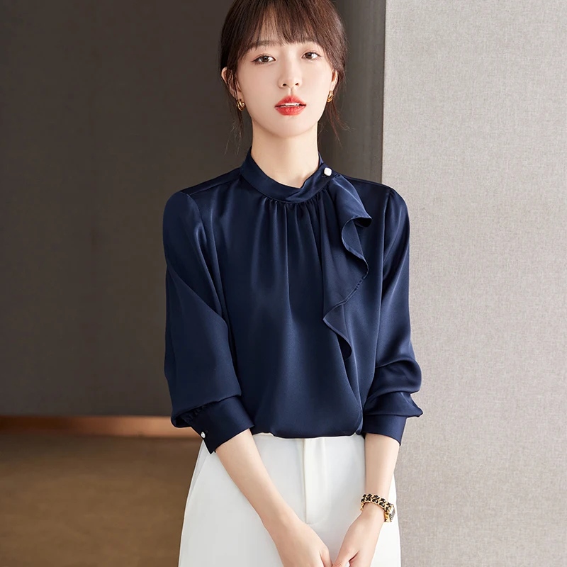 

Chiffon Women's Shirts Loose Solid Vintage Blouses Spring/Summer Ladies Clothing Fashion Long Sleeves Ruffles Tops YCMYUNYAN