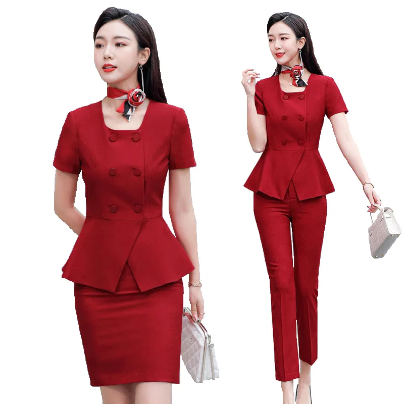 

Formal OL Style Pantsuits for Women Business Work Wear with Scarf 2024 Summer Short Sleeve Ladies Office Professional Skirts Set