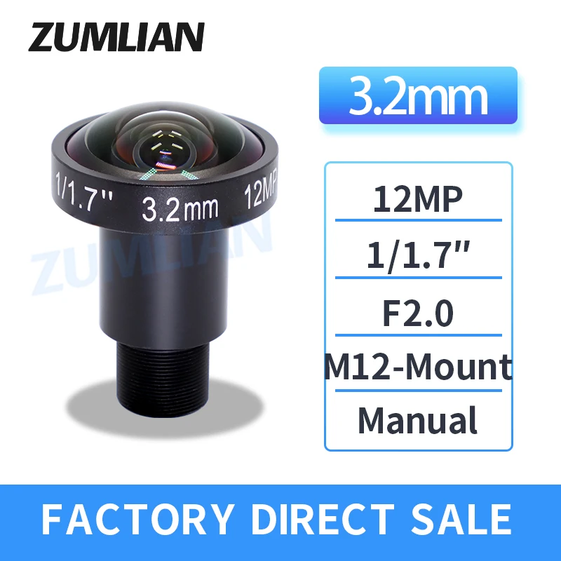 

ZUMLIAN Fisheye M12 Lens 3.2mm Macro Lens 12MP 1/1.7 Inch IMX226 Sensor F2.0 M12 Mount With 650nm IR Filter Lens for 4K Camera