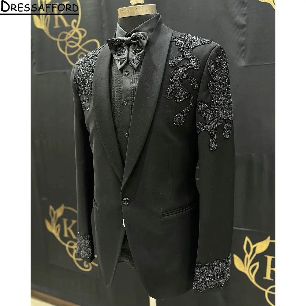 

Black Men Suits Handmade Pearls Beading Groom Wedding Tuxedos 2 Pieces Sets Dinner Prom Blazers Terno Masculino Completo