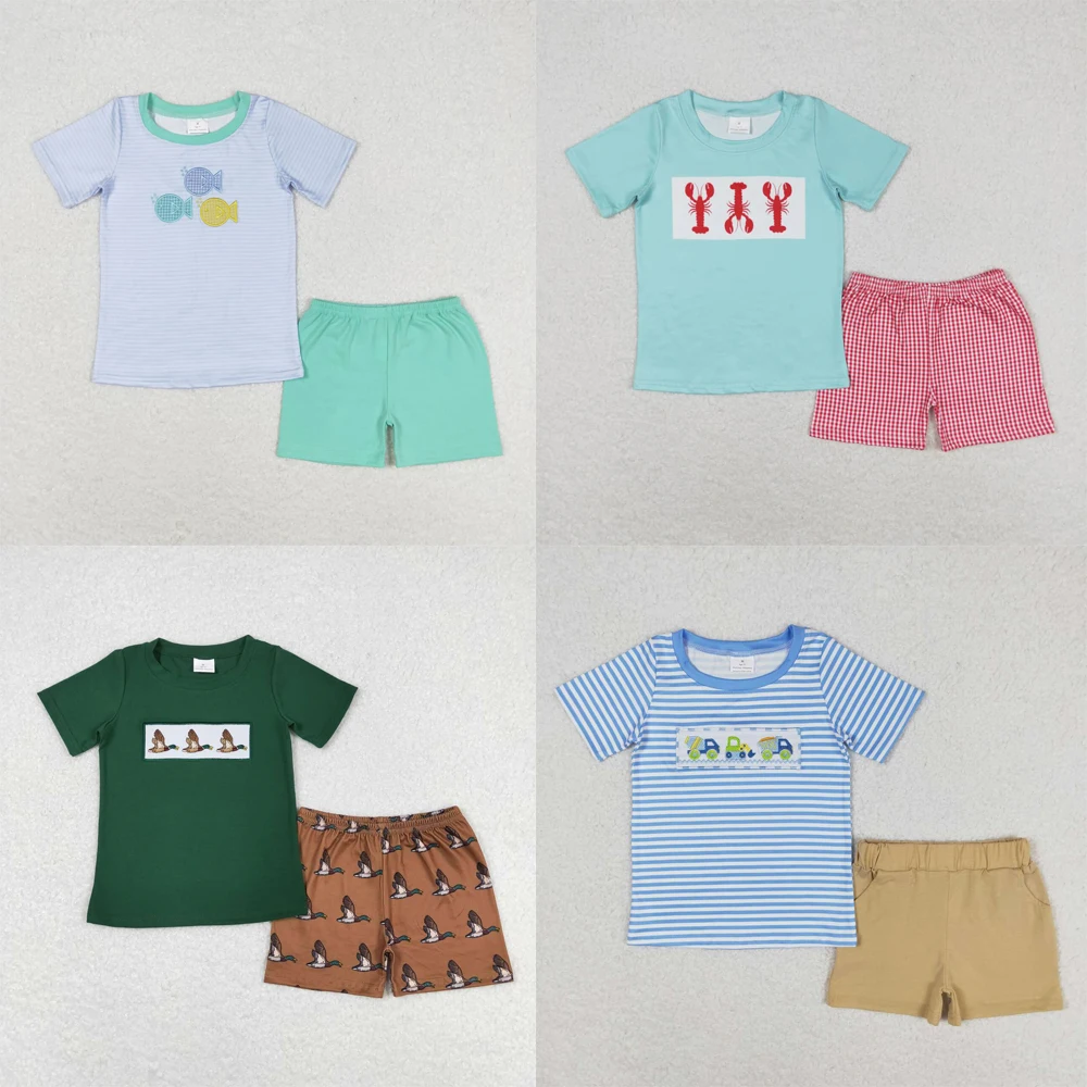 

wholesale hot sale western boutique clothing baby boys clothes Crayfish teal short-sleeved red and white plaid shorts outfits