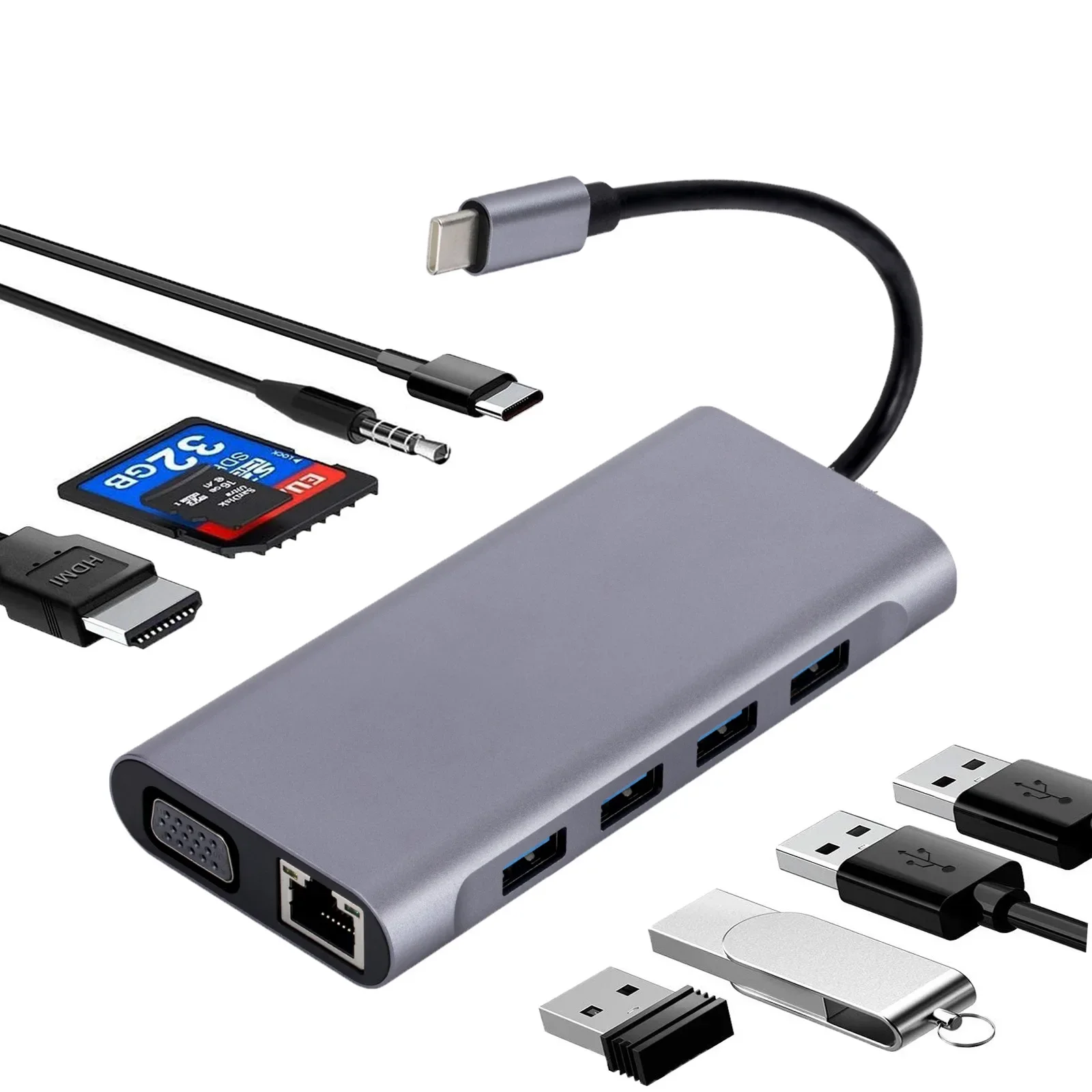 

USB-концентратор 11 в 1 для ноутбука, разъем RJ45, кабель VGA, порт дисплея для HD 4K Lan Ethernet HDTV PD TF Card SD Card AUX 3,5 мм