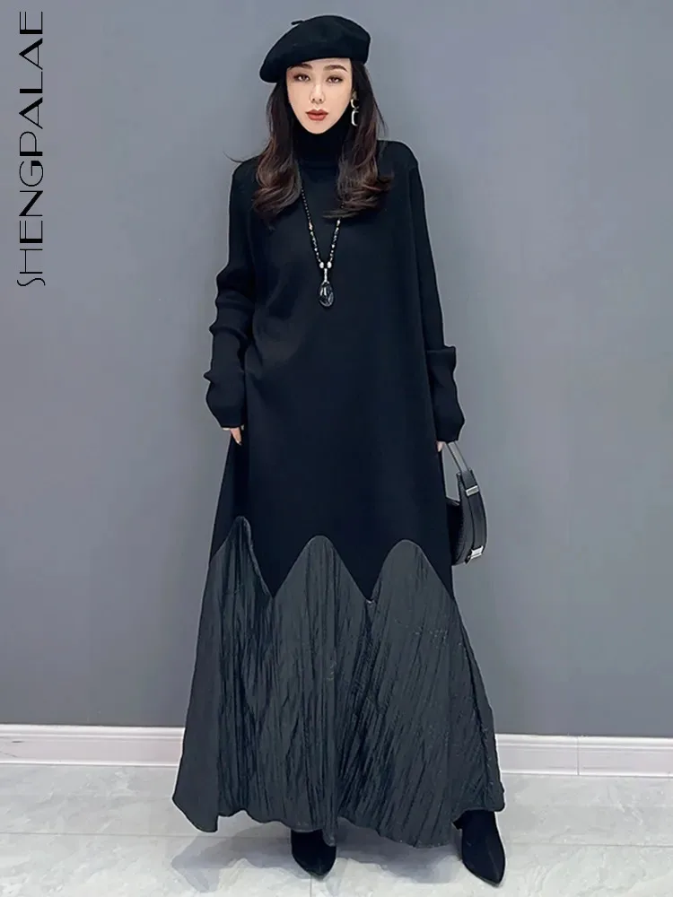 

SHENGPALAE Fashion Turtleneck Dress For Women Autumn Patchwork Temperament A-line Vestido 2024 New Female Full Sleeve Robe R7138