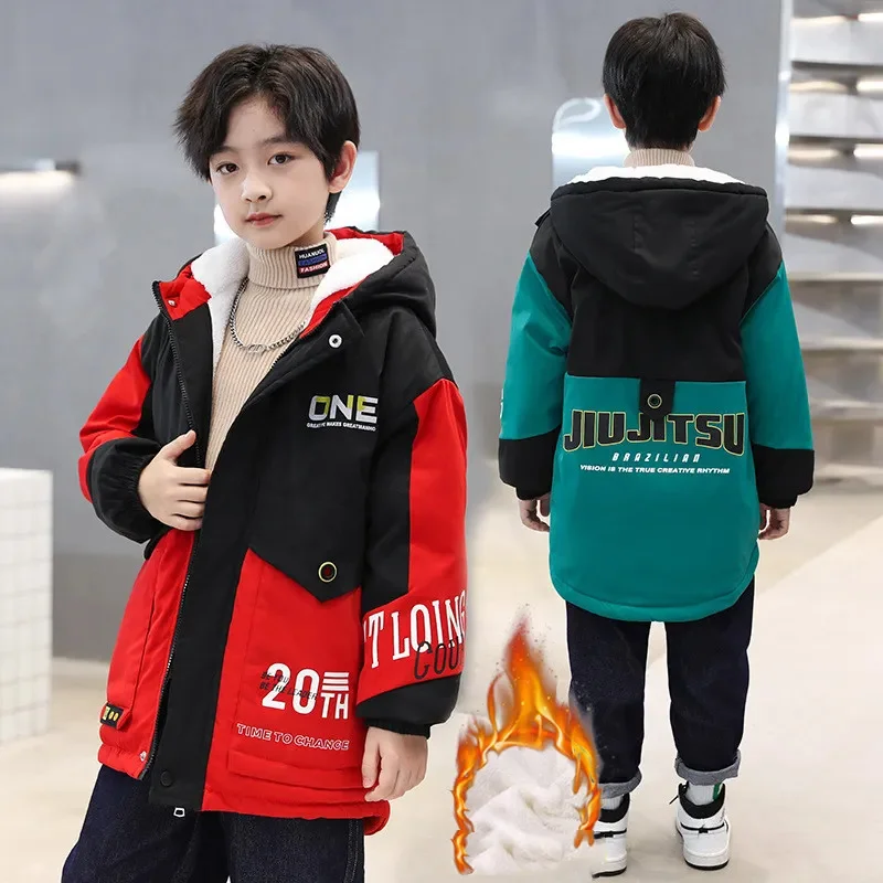 Boys Winter Parkas Coat Padded Jackets 2023 New Hooded Plus Velvet Warm Patchwork Letters Print Children Outerwear 120-170 
Boys Winter Parkas Coat Padded Jackets 2023 New Hooded Plus Velvet Warm Patchwork Letters Print Children Outerwear 120-170