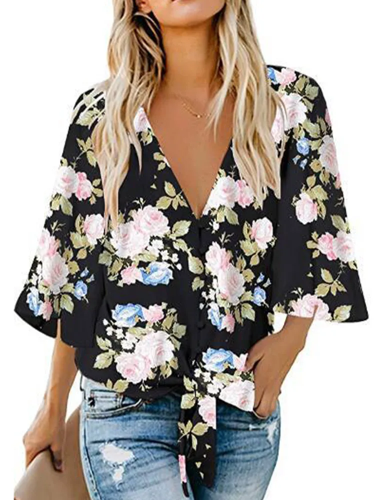 

Boho Blouse Women Summer Floral Print Shirt Batwing Sleeve Loose Fitting Shirts Boho Knot Front Tops Ladies Beach Tops For Women