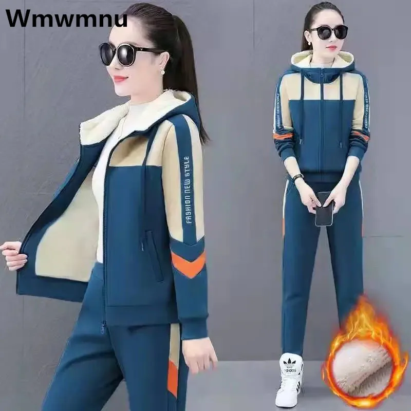 

Spliced Lambwool Tracksuit Two Piece Set Casual Warm Women's Sweatshirt Coat Conjuntos Thicken Plush Jogger Pants Outfit Winter