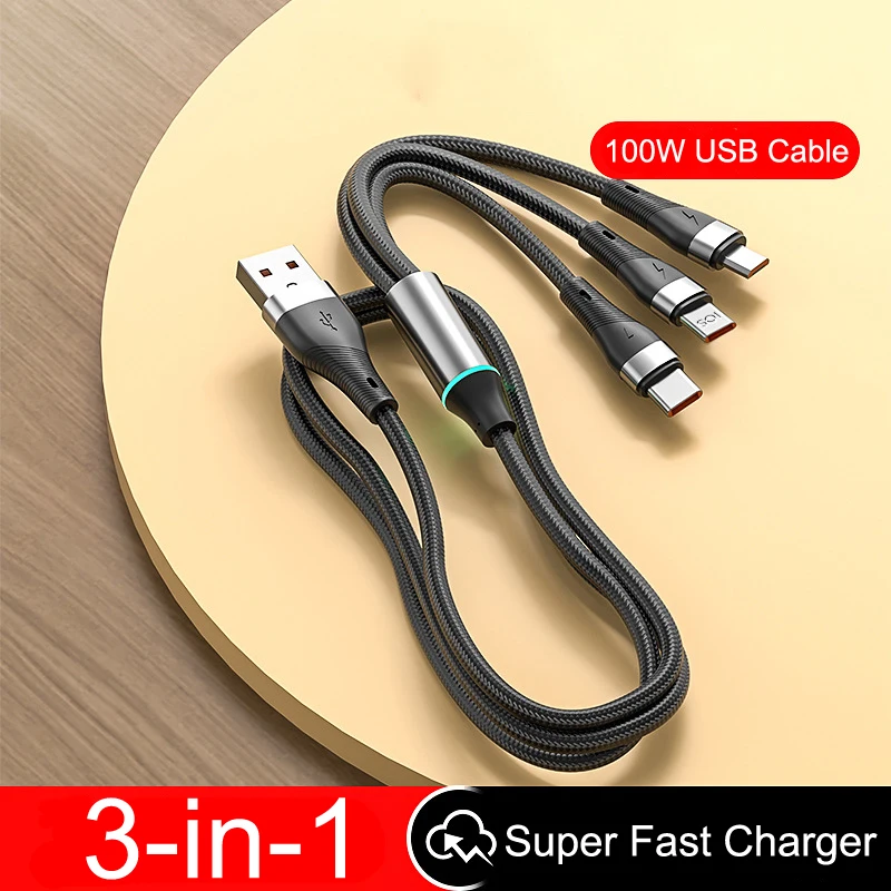 

3 in 1 6A100W USB To Type C Charging Cable Fast Charge Micro For iPhone 14 13 For Huawei Xiaomi Samsung Nylon Braided Data Cable