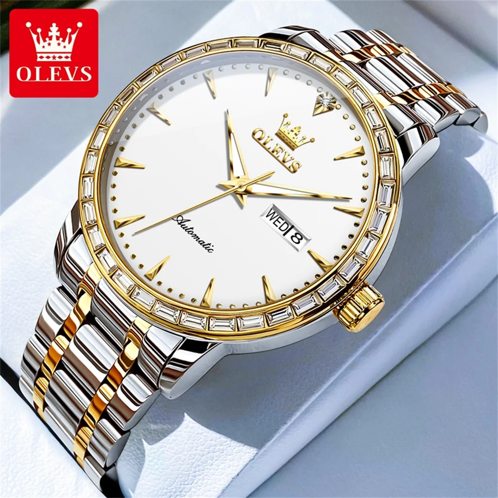 

OLEVS 7019 Luxury Automatic Wrist Watch Diamond Dual Calendar Mechanical Watch For Men Auto Date Waterproof Luminous Man Watches