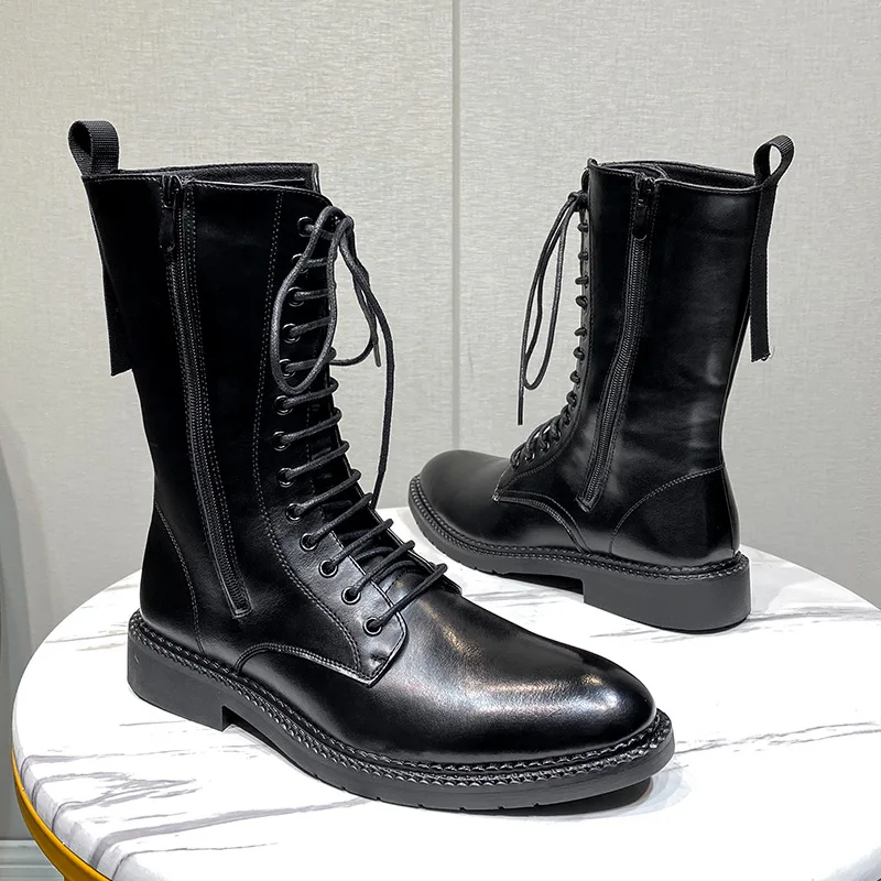

Мужские модные высокие рыцарские ботинки черные трендовые ботинки из натуральной кожи на шнуровке ковбойские сапоги для верховой езды красивые мотоциклетные длинные сапоги