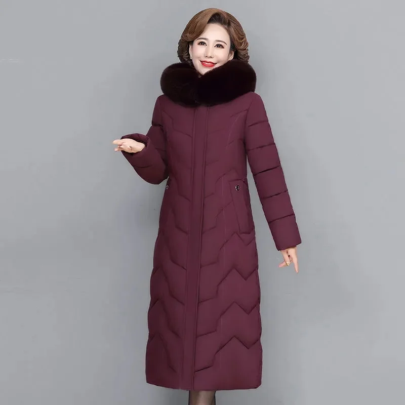 

New Winter Middle-Aged mom slim Down Cotton Padded jacket Women fashion Long Fur Collar Hooded Coat female thick warm Parka R313