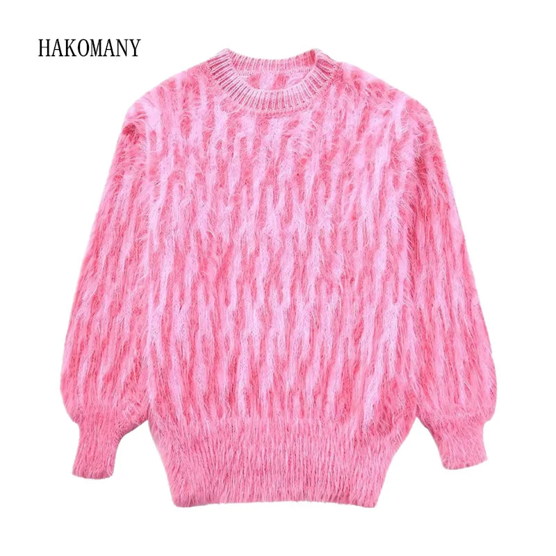 

2023 Women Hot Pink Contrast Color Striped Knitting Shaggy Sweater Long Lantern Sleeve Pullover Knitwear Loose Jumper