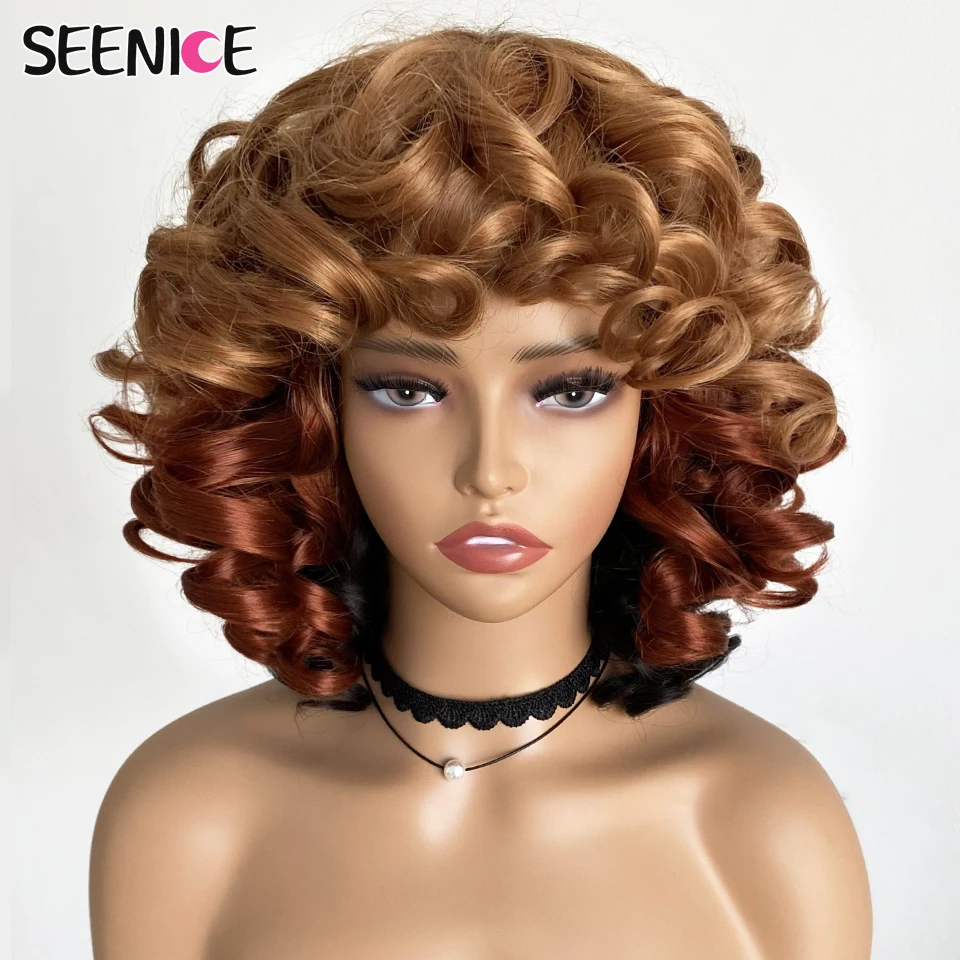 

Short Hair Afro Kinky Curly Wigs With Bangs For Black Women Natural Synthetic Ombre Glueless Blonde Pink Red Cosplay Bob Wigs